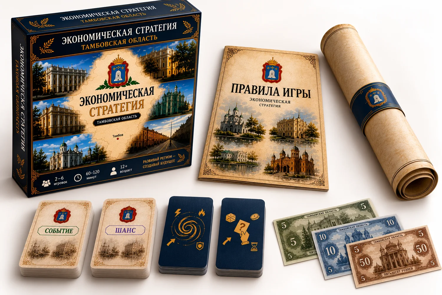 Коробка игры, правила, свёрнутое игровое поле, колоды «Событие» и «Шанс» и игровые деньги